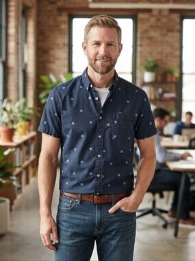 The North Face Navy Blue Floral Geo Short Sleeve Button Down Shirt Size Medium